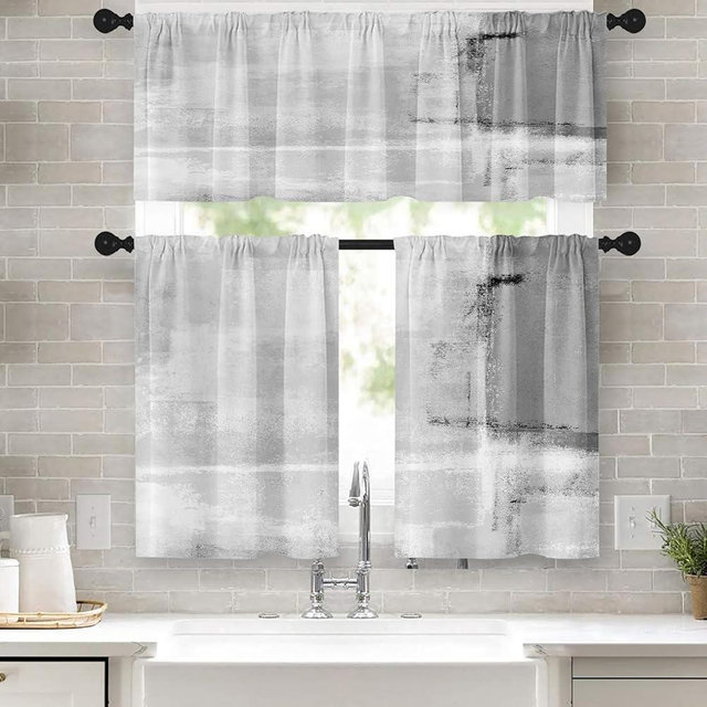 Tayney Grey Kitchen Window Curtains Valance and Tier Set 36 Inch, Abstract Art Painting Rod Pocket Short Tier Curtain for Bathroom, Modern Small Cafe Drapes for Kitchen Decor