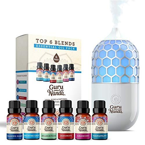 Essential Oil Top 6 Blends Set and Honeycomb Diffuser By GuruNanda - Natural Therapeutic Grade Oil for Aromatherapy - Includes Tranquility - Breathe Easy - Thrive- Relaxation - Harmony - Calming Sle