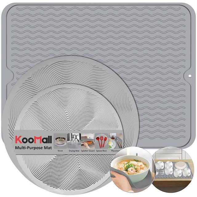 3 in 1, KooMall Dish Drying Mat & Multi-Purpose Microwave Mat, Quick Drying Silicone Mat for Kitchen Counter Sink Refrigerator, Large Rubber Bottle Drain Board Rack Pad, Heat Resistant, 16x12'' Gray