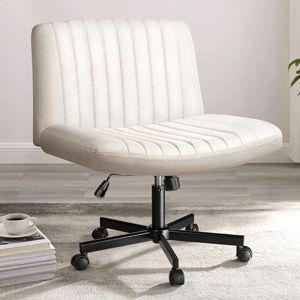 PUKAMI Criss Cross Chair,Comfy Cross Legged Office Desk Chair No Wheels,Modern Fabric Swivel Adjustable Height Mid Back Wide Seat for Home Office Computer (Beige with Wheels)