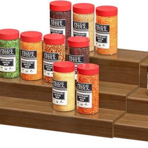 Bamboo Spice Rack Cabinet Organizer - 3 Tier Wooden Expandable Walnut Display Shelf