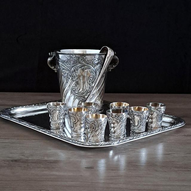 Gallia for Christofle Paris Rocaille Ice Cube Bucket and Goblets, Complete with Tray and Ice Tongs. Early Century Art Nouveau in Silverplate