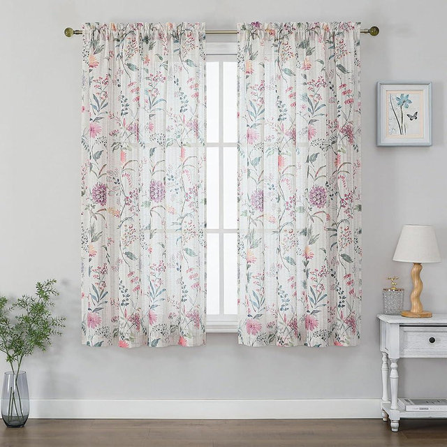 Lecloud Pink Floral Sheer Curtains 63 Inch Length 2 Panels, Dual Rod Pocket Flower Patterned Sheer Curtains for Girl's Bedroom, Light Filtering Drapes for Living Room, Each Panel 52" W x 63" L