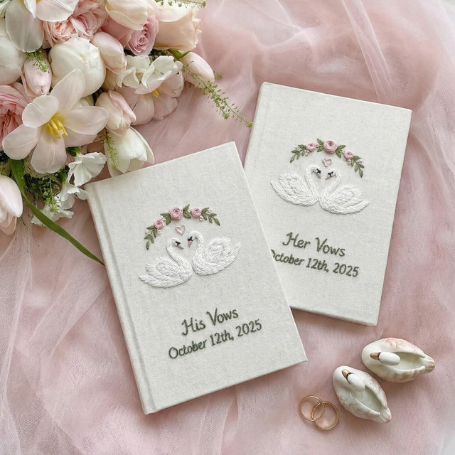 Hand Embroidered Swan Couple Wedding Vow Books, Custom Name Linen Vow Book Set, Engagement Gift, Wedding Accessories, His And Her Vows Book