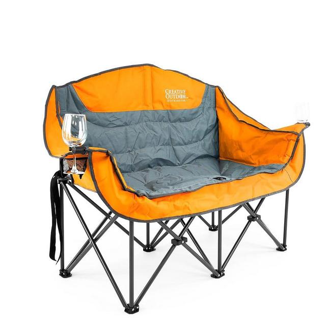 Creative Outdoor Distributor Luxury Camp Chair, Steel Frame & Polyester Fabrics, Folds Compact, Storage Bag Included (Wine Holder + 2 Person, Orange)