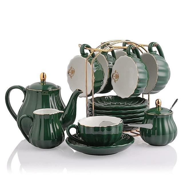 Porcelain Tea Sets British Royal Series, 8 OZ Cups& Saucer Service for 6, with Teapot Sugar Bowl Cream Pitcher Teaspoons and Tea Strainer, Suitable for High Tea, Wedding, Party (Jade)