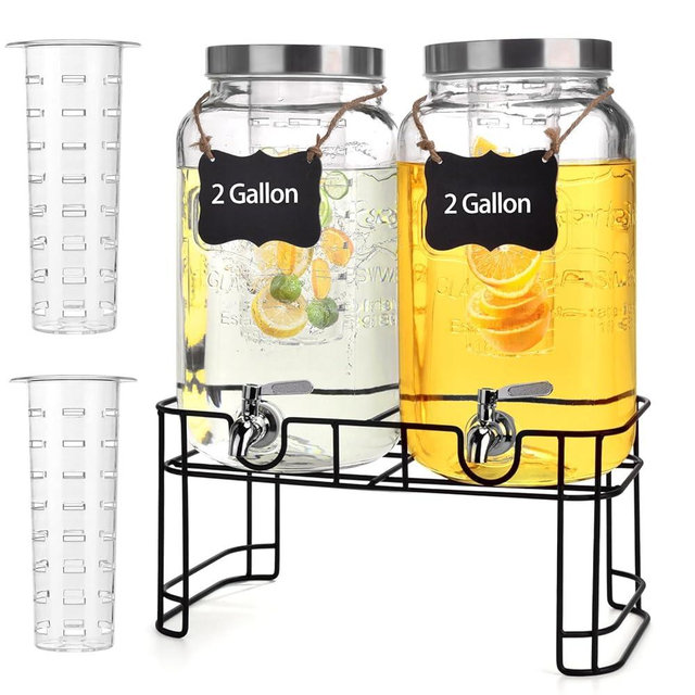 2 Gallon Glass Drink Dispenser Set of 2 - Drink Dispensers for Parties, Beverage Dispenser with Stand and 100% Leakproof Stainless Steel Spigot for Lemonade, Juice, Sangria, Iced Tea, and Cocktails