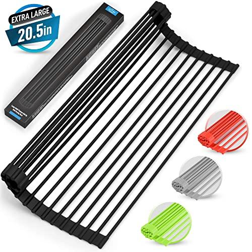 Large 20.5" Multipurpose Roll Up Dish Drying Rack & Trivet - Heavy Duty, Silicone-Coated Stainless Steel Roll Up Rack, Rolls Out Over any Sink - Versatile Roll Up Sink Drying Rack by Zulay (Black)