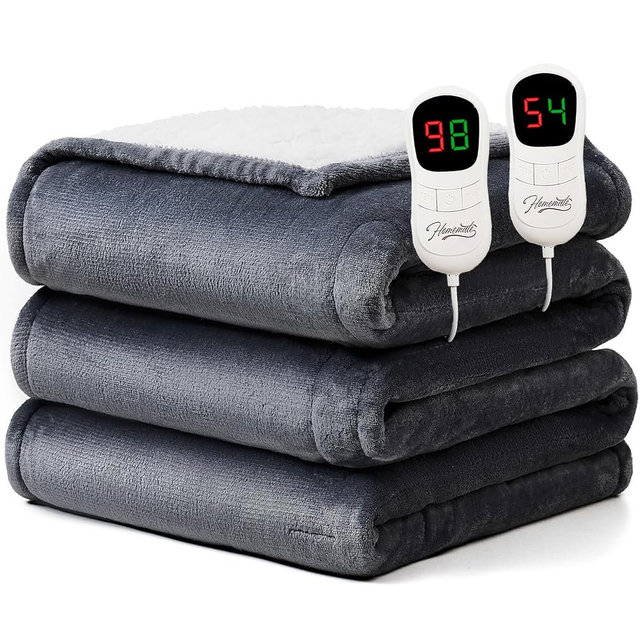 Homemate Electric Heated Blanket King Size - 100"x90" Heating Blanket King Size Dual Control 1/2/4/6/8 Hours Auto-Off 10 Heat Level Over-Heat Protection Flannel Sherpa ETL Certification