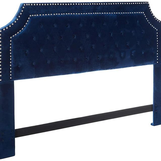 Iconic Home Chava Headboard Velvet Upholstered Button Tufted Double Row Silver Nailhead Trim Modern Transitional, King, Navy