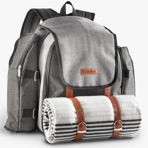 07/815 - VonShef 4 Person Premium Picnic Backpack With Blanket – Woven Grey Finish, Includes 29 Piece Dining Set & Cooler Compartment to Keep Food Chilled