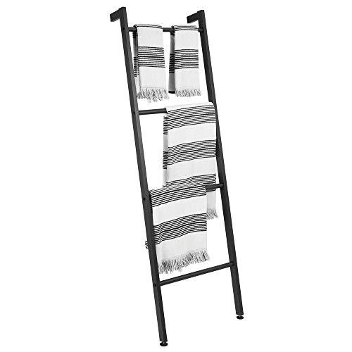 mDesign Metal Free Standing Leaning Decorative Bath Towel Bar Storage Ladder - Holds Towels, Blankets, Throw Blankets, Quilts - 4 Levels - Matte Black