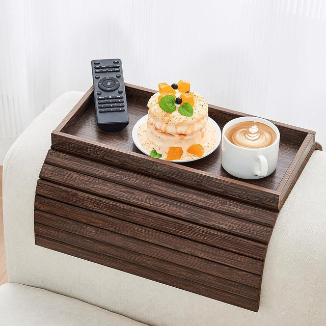 LOVYANXUE Couch Arm Tray, Anti-Falling Bamboo Sofa Armrest Tray Table, Foldable & Portable Armrest Cup Holder Side Table for Drinks, Coffee, Phone, Snacks, Remote