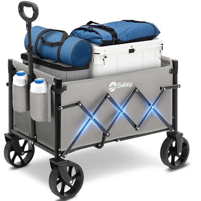 Sekey Wagon Cart with Wheels with 220LBS Capacity,Heavy Duty Wagon Carts Foldable with Drink Holders,Lightweight Utility Portable Cart for Grocery, Shopping, Garden, Camping. Gray