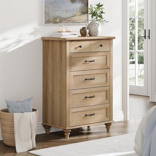 WAMPAT Small Dresser for Bedroom with 5 Drawers & Solid Wood Legs, Mid Century Modern Chest of Drawers Vertical Dresser Storage Organizer, Farmhouse Dresser for Kids Bedroom, Oak