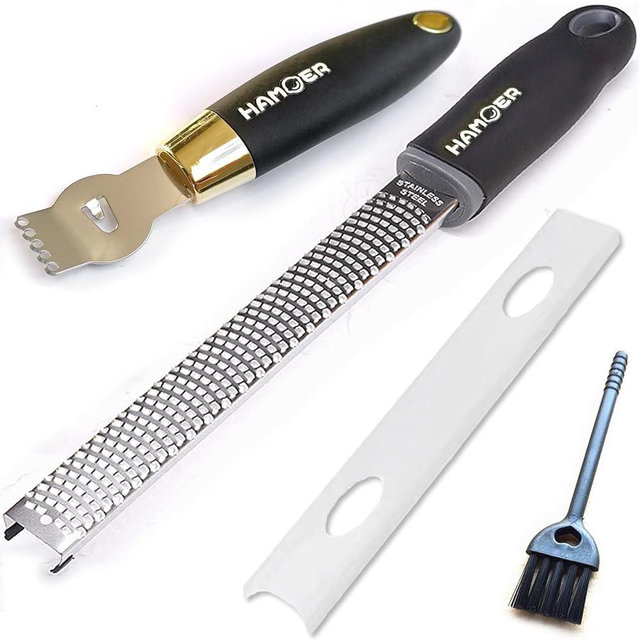 HAMOER Zester Grater & Channel Knife Kitchen Bar Tool Set for Parmesan Cheese Lemon Garlic Nutmeg Chocolate Citrus Cucumber Radish Ginger Crushed Scraping Rubber Ergonomic Curved Handle Black