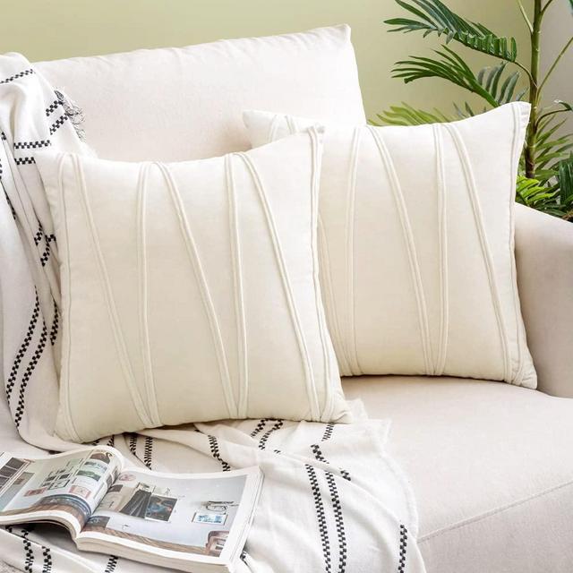 Woaboy Pack of 2 Striped Velvet Christmas Throw Pillow Covers Modern Decorative Solid Cushion Covers Pillowcases Square Soft Cozy for Bed Sofa Couch Car Living Room 18x18inch 45x45cm Cream
