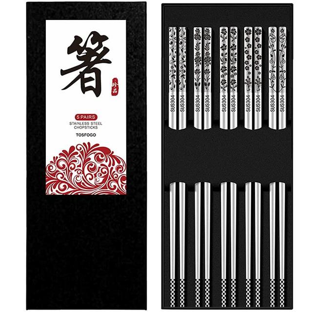 TOSFOGO Reusable Stainless Steel Chopsticks with Laser Engraved Cute Patterns, Dishwasher Safe Non-Slip Metal Chop Stick Pack Japanese Korean Chopstick for Cooking Eating 5 Pairs Gift Set(Floral 304)