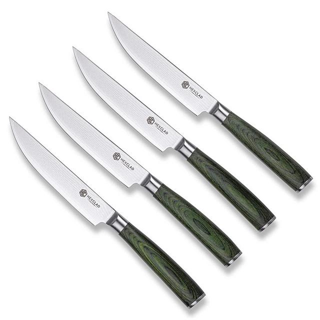 HexClad 4PC Steak Knife Set Premium Full Tang Japanese Damascus Stainless Steel Steak Knives - Fine Edge Non-Serrated Knife Set Forged with 60 Rockwell Rating, Dark Forrest Green Pakkawood Handle