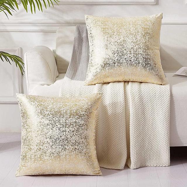 Champagne Throw Pillows 18x18,Gold and White Pillow Covers,Set of 2,Glitter Decorative Velvet Pillow Covers,Solid Color Cushion Covers for Sofa Bedroom Car
