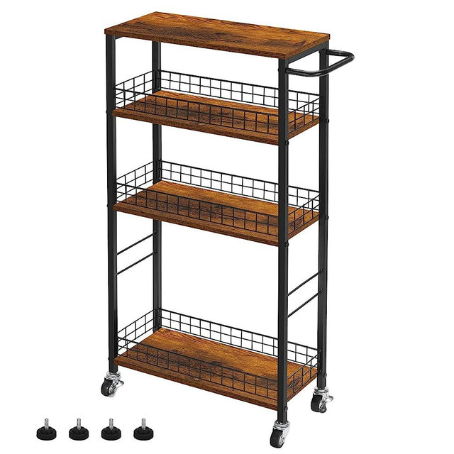 Slim Storage Cart 4 Tier Kitchen Rolling Cart on Wheels Mobile Narrow Cart with Wooden Tabletop Slide Out Utility Cart for Bathroom Laundry Narrow Places Rustic Brown 16.5''L X 7.3''W X 34.6''H