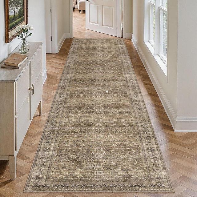 HUGEAR 2'6''x12' Runner Rug Hallway Vintage Brown Machine Washable Retro Floral Low Pile Carpet Distressed Long Throw Rug Bedroom Kitchen Laundry Non Slip Soft Lightweight