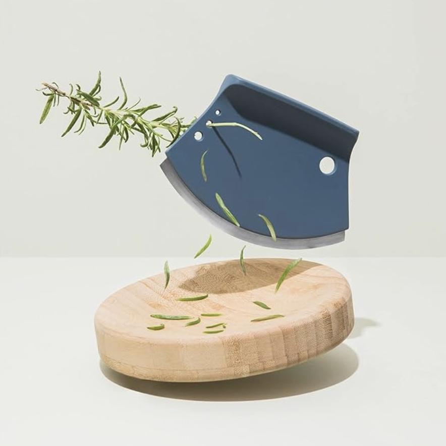 BergHOFF LEO 2pc Stainless Steel 2-in-1 Herb cutter Wood cutting Bowl Ergonomically Designed Handle Glass Fiber reinforces PP cutter Integrated 4 holes to strip stemmed herbs