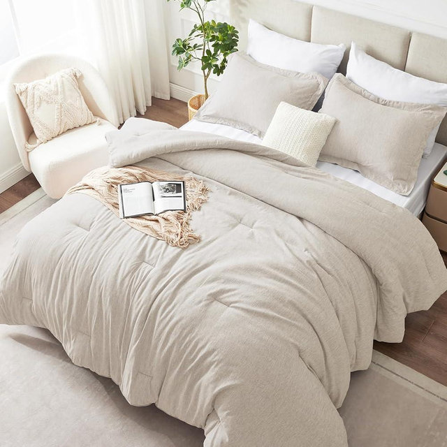 CozyLux Oversized Queen Comforter Set, 3 Pieces 98x98 Beige Soft Luxury Cationic Dyeing Bedding All Season, Lightweight Breathable Fluffy Bed Sets with 1 Alternative Comforter and 2 Pillow Shams