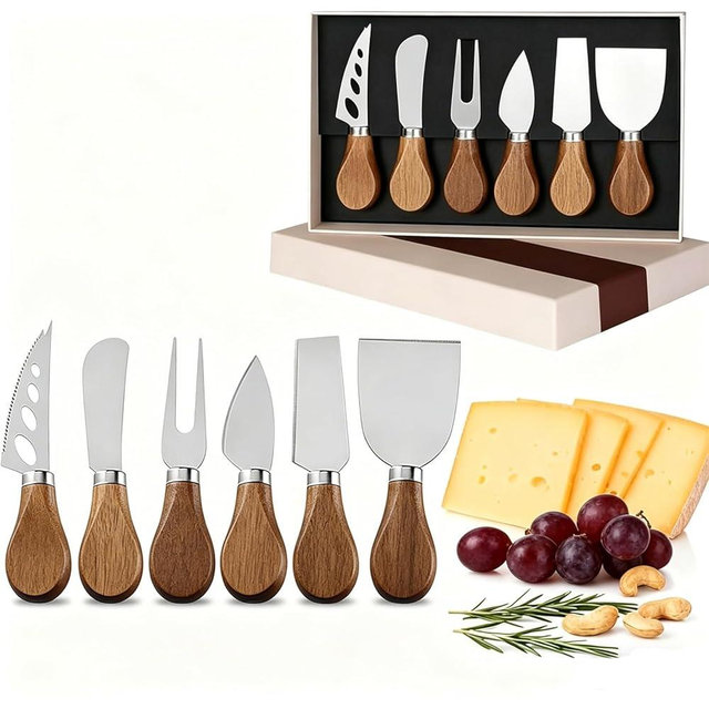 Guojanfon 6-Piece Stainless Steel Cheese Knife Set with Slicer, Cutter, Fork and Spreader, Ideal for Charcuterie Boards and Elegant Cutlery Gift Collection (Acacia-Box)