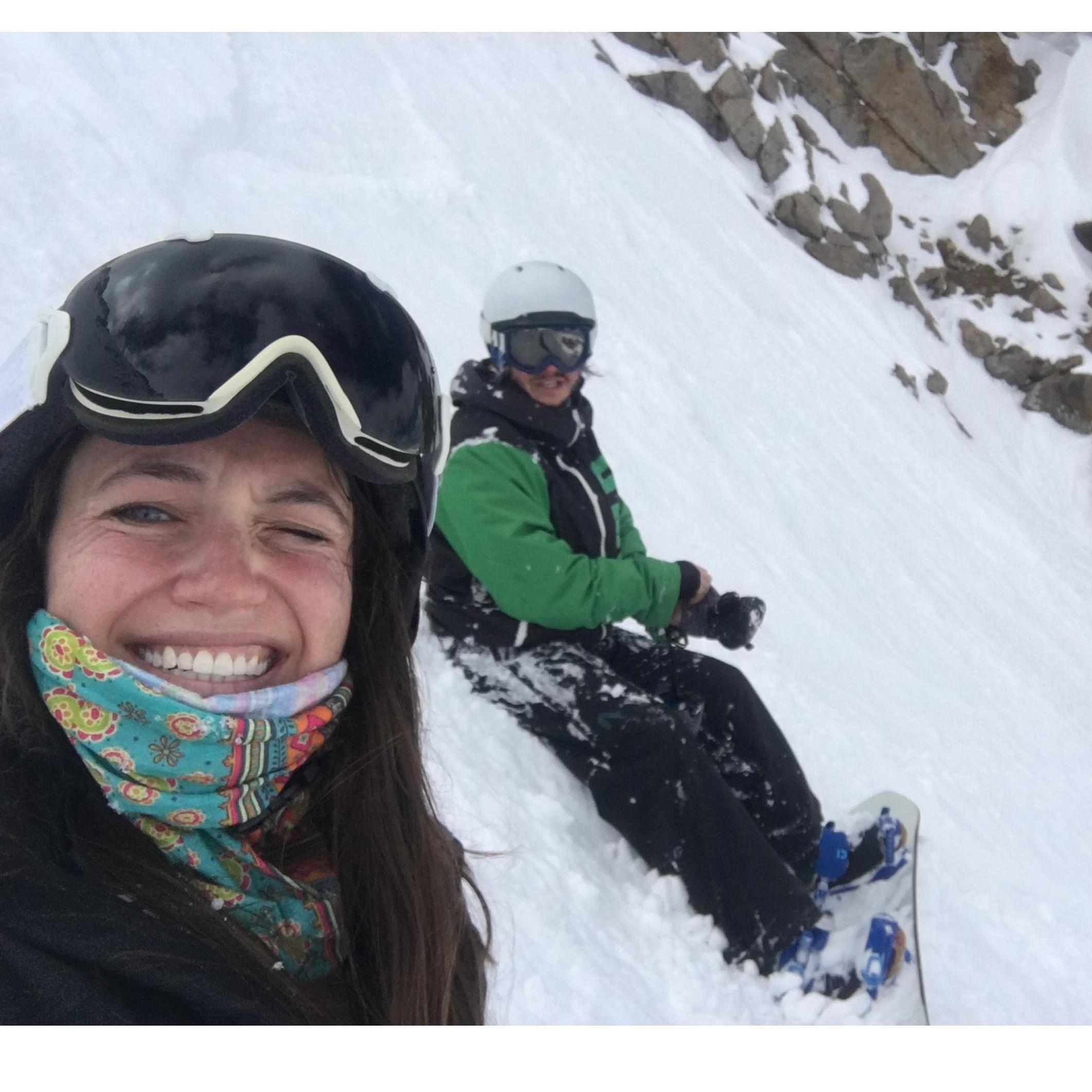 One of our first hike-to rides together in Arapahoe Basin (Chelsea beat Matt up the climb).