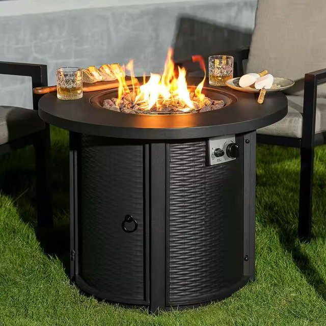 30 in. Round Metal Propane Gas Black Fire Pit Table with Lid and Lava Rocks, Rattan Embossed Pattern Side Panel