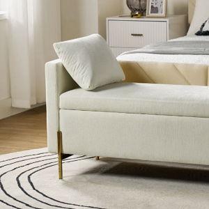 Aristides 56''W Upholstered Flip Top Bench with Subdivided Storage and Toss Pillows - Ivory Chenille