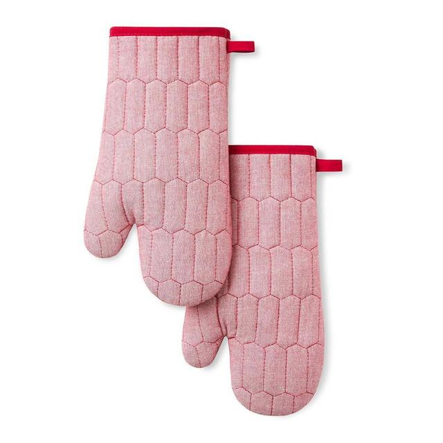 MARTHA STEWART Honeycomb Quilted Chambray Oven Mitt 2-Pack Set, 100% Cotton, Heat Resistant, Flexible Grip, Red, 7"x13"