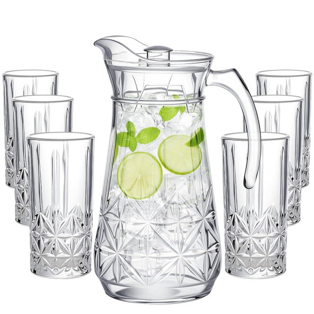 LemonRoad 7 Pcs Glasses Pitcher Drinkware Set 54oz Pitcher Carafe and 6 Tall Drinking Beverage Set, Jug with Lid and Spout for Juice, Iced Tea or Water(Crystle Style)