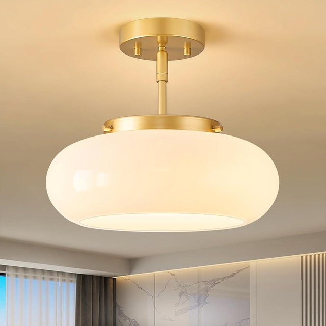 WOKNOS Mid-Century Modern Gold Semi Flush Mount Ceiling Light, 3-Light Kitchen Light Fixtures with Glass Shade for Entryway Hallway Bathroom Bedroom (12.6 Inch)