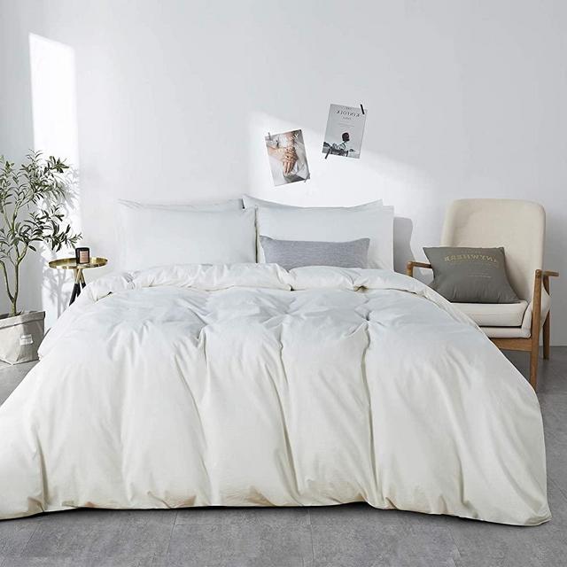 JELLYMONI White 100% Washed Cotton Duvet Cover Set, 3 Pieces Luxury Soft Bedding Set with Zipper Closure. Solid Color Pattern Duvet Cover Queen Size(No Comforter)