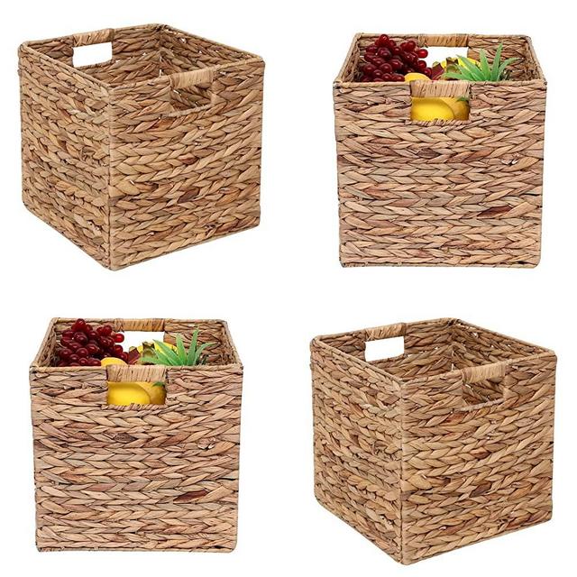 JCLD&YO9 Foldable Handwoven Water Hyacinth Storage Baskets Wicker Cube Baskets Rectangular Laundry Organizer Totes,Set of 4 Pcs,12x12x12inch