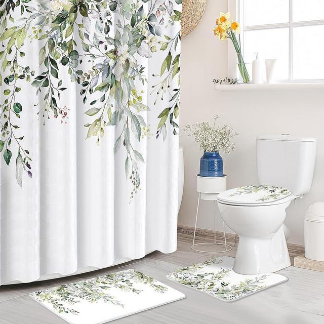 Tititex Sage Green Eucalyptus Sage Leaves Shower Curtain Set 4PCs with Non-Slip Rugs,Toilet Lid Cover and Bath Mat,Bathroom Decoration 71x71 Inch with Hooks