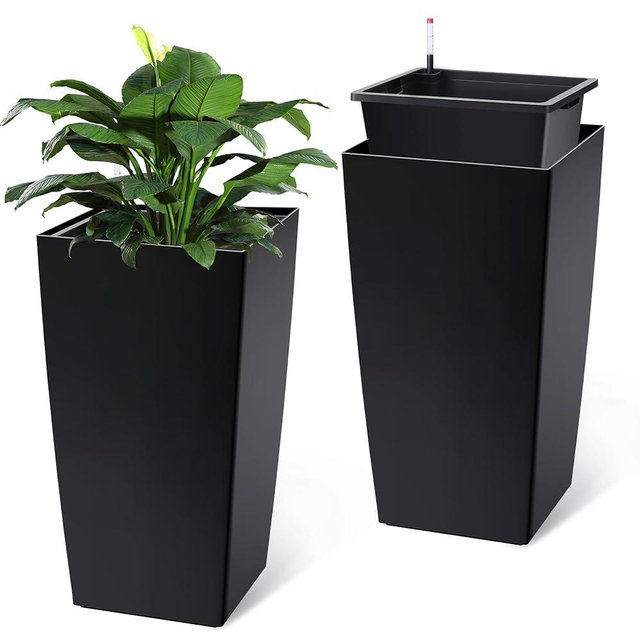 GarveeLife 30" Tall Planters Set of 2, Outdoor＆Indoor Black Planter Pots, High Front Porch Planter Pots with Drainage Holes＆Water Level Monitor Movable Wheels ＆Inner Bucket, Automatic Watering,Black