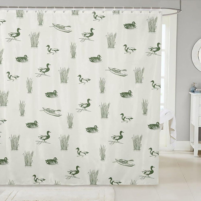 Wild Duck Shower Curtain Lake House Hunting Theme Bathroom Curtain,Green Rustic Animals Plants Print Waterproof Curtain Kids Teens Men Room Decor Lake Boat Fishing Bath Curtain,12 Hooks,72" Wx72 L