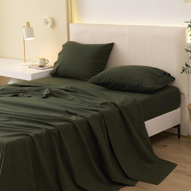 JIYUAN 100% Washed Cotton Sheet Set Comfy Simple Style Soft Breathable Textured Durable Linen Feel Bedding for All Seasons Queen Size,Solid Olive Green