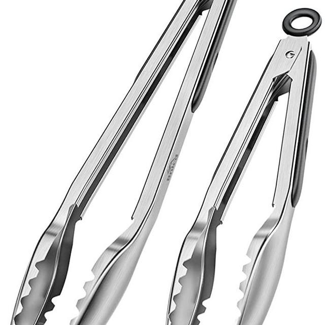 Bnlcd Cooking Tongs with Teeth, Premium Stainless Steel Kitchen Tongs Set of 2-9" and 12", Heavy Duty Locking Metal Food Tongs with Non-Slip Grip - Black