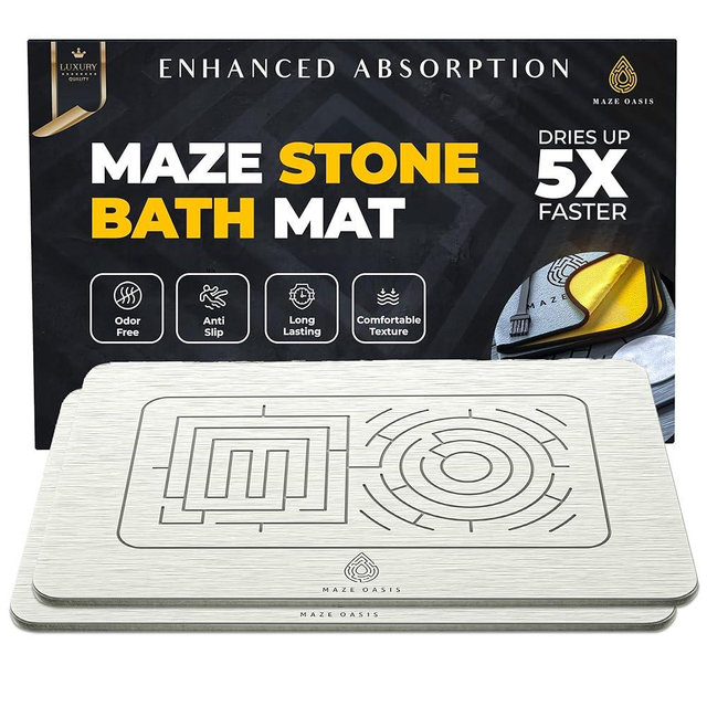 MAZE OASIS Stone Bath Mat - Instant-Drying Diatomaceous Earth Bath Mat with Grooves for No Puddles - Super Absorbent Non-Slip - Quick Dry Stone Bath Mats for Bathroom, Kitchen - 23.6 x 15.3 in - 2pc