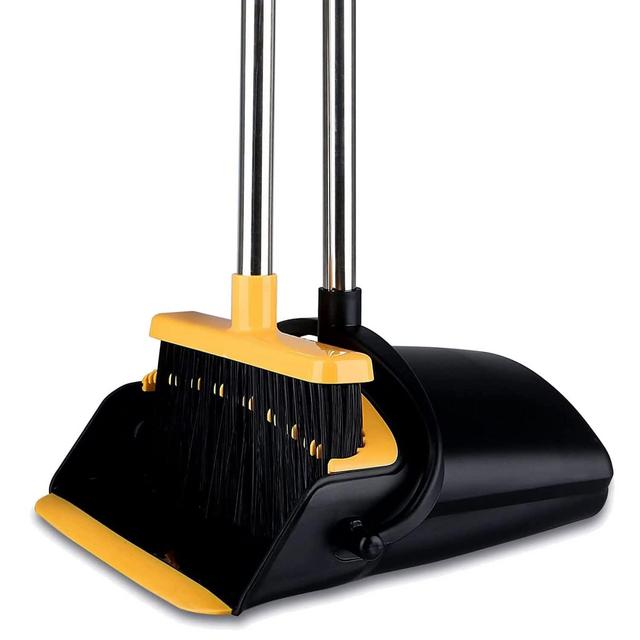 Broom and Dustpan Set for Home, Tiumso Dust Pan and Broom Comb, Broom with Dustpan Long Handle , Upright Standing Dustpan Broom Set for Home Room Kitchen Office Lobby Floor Use