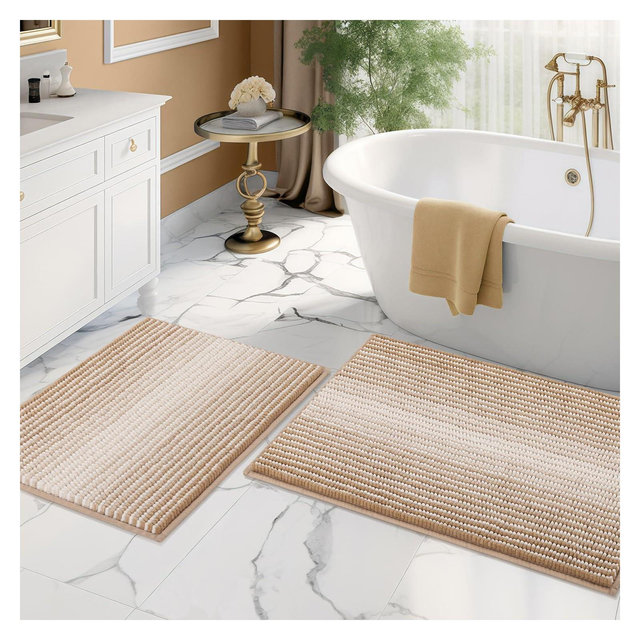 Thick Chenille Bathroom Rugs Sets 2 Piece, 20" x 32" and 16" x 24" Absorbent & Non-Skid Bathroom Rug Set - Beige