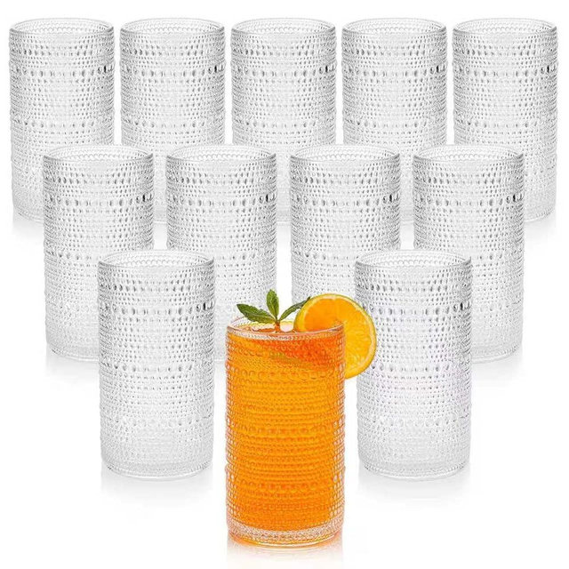 HEFBCOMK 16oz Clear Hobnail Drinking Glasses with Straws Set of 12, Highball Glasses Cups, Kitchen Water Glasses Cup, for Cocktail, Juice, Whiskey, Milk and Various Mixed Drinks