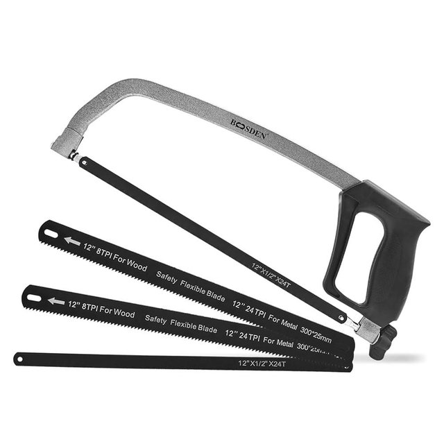 BOOSDEN Hacksaw for Metal, Adjustable Hack Saw Frame Set with 4 12'' Blades (2 Bi-Metal 8TPI/24TPI + 2 HSS 24TPI), Hack Saws, Metal Hacksaw for Cutting Wood, PVC – Mini Hacksaw for Metal Cutting