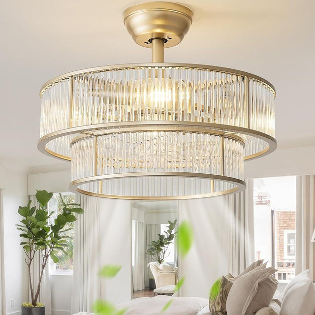 YADZSLY Gold Fandelier Ceiling Fans with Lights, 20" Gold Crystal Chandelier Ceiling Fan with Light Remote Control, Caged Mid Century with 6 Speeds for Bedroom, Living Room, Nursery