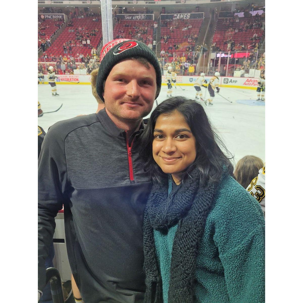 My first time at a Hockey game. Tye even caught a practice puck!