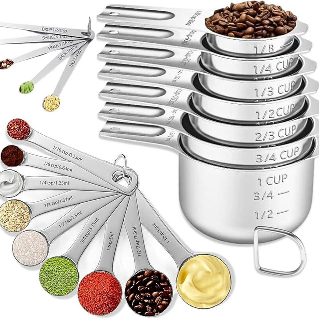 21PCS Measuring Cups and Spoons Set, Include 7 Nesting Measuring Cups, 9 Measuring Spoons and 5 Mini Spoons, Stainless Steel Metal Measuring Set, Kitchen Gadgets for Cooking & Baking
